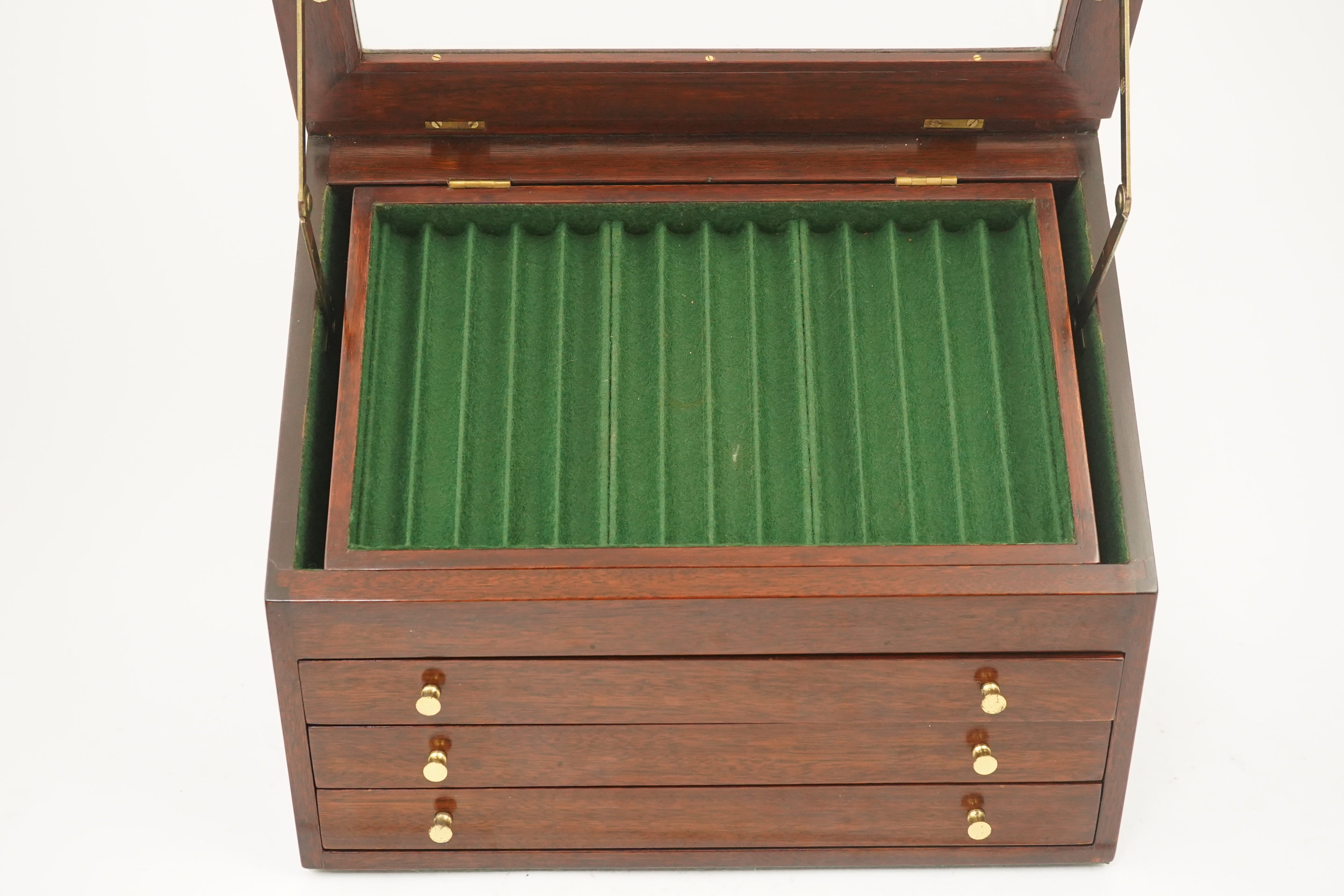 A quality desk top fountain pen display / collector's cabinet for fifty nine pens, with hinged glazed top